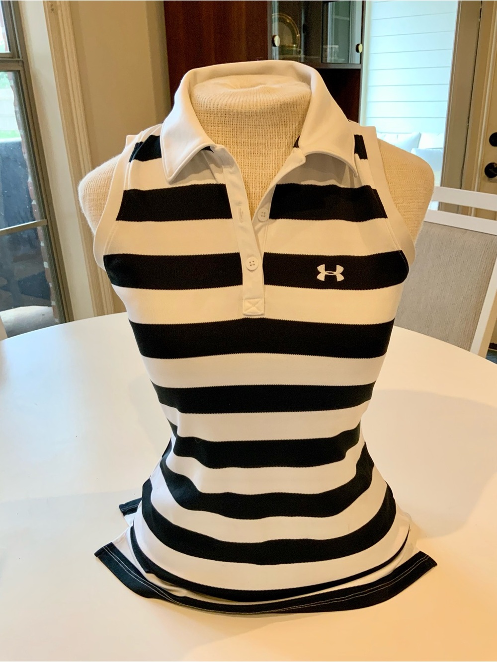 Under Armour Black & White Striped Sleeveless Polo Tank
